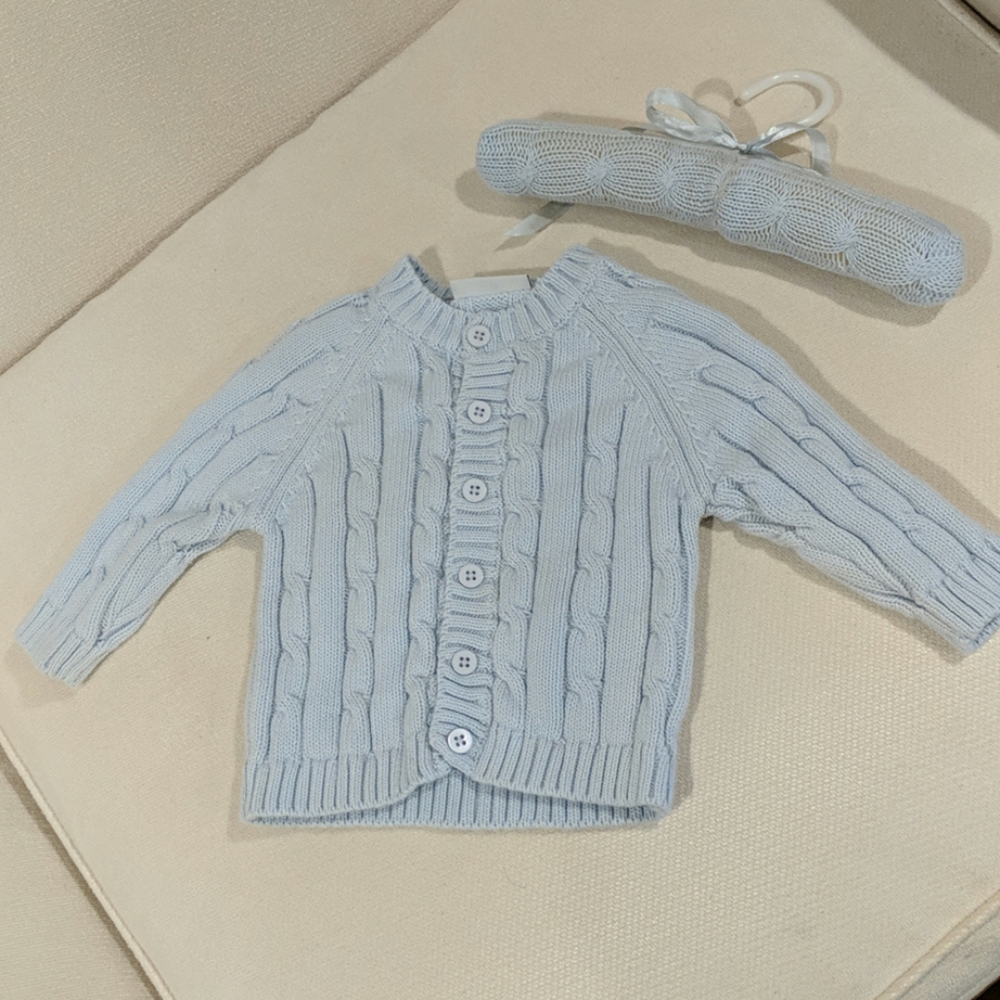 Baby blue cable knit cardigan 0-6M
